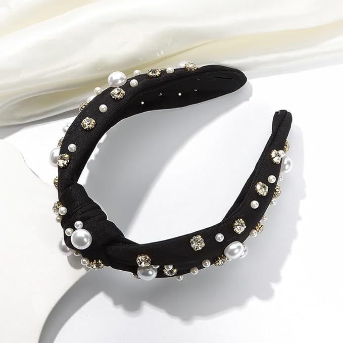 JILIYUPA Carnival Headband Rhinestone Cross Knotted Turban Hair Hoop Carnival Crystal Twist Velvet Wide Hairband Party Hair Accessory (Black, White)
