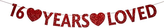 Red 16 Year Loved Banner, Red Glitter Happy 16th Birthday Party Decorations, Supplies