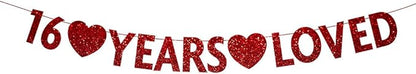 Red 16 Year Loved Banner, Red Glitter Happy 16th Birthday Party Decorations, Supplies