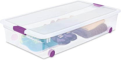 Sterilite 60 Qt ClearView Latch Wheeled Underbed Storage Box, Stackable Bin with Lid, Plastic Container to Organize Underbed, Clear Base, Lid Sweet Plum (Pack of 4)