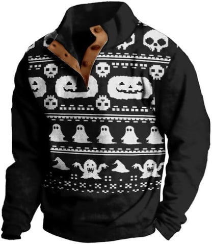 Mens Western Halloween Hoodie Button Up Henley Shirt Cowboys Sweatshirt Men Graphic Long Sleeve Pullover Tops