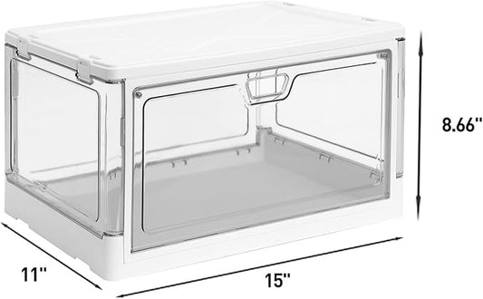 3-Pack Clear Stackable Storage Bins with Lids Magnetic Doors Open Front Foldable Folding Plastic Craft Containers Large Closet Organizers Box for Bedrooms Living Rooms Study Kids' Toys 24 QT