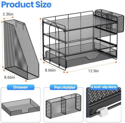 OPNICE Desk Organizers and Accessories, 4-Tier Desktop File Organizer with Drawer and Pen Holders, Office Desk Accessories Workspace Organizers for Office Supplies (Soft Black)