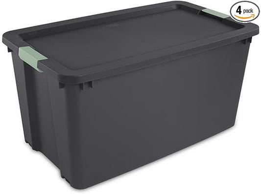 Sterilite 4 Pack 45 Gallon Wheeled Latch Tote, Stackable Plastic Storage Bin, Gray/Green