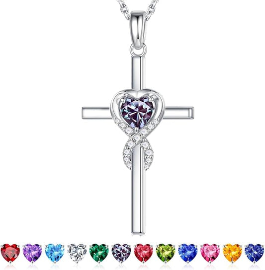 Iefil Cross Necklace for Women - 925 Sterling Silver Birthstone Necklace Jewelry Gifts for Women Wife