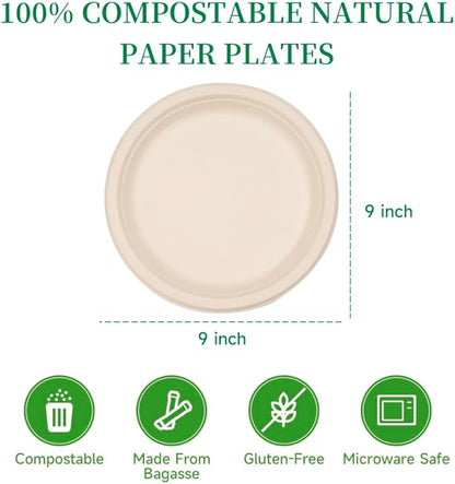 RACETOP Compostable Paper Plates 9 Inch [500 Pack], Disposable Biodegradable Heavy Duty Paper Plates, Made of Natural Sugarcane Fibers, Unbleached Brown, Round