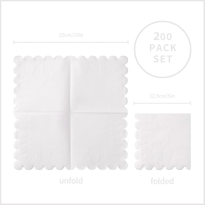200 Pack Cocktail Napkin 2-Ply Scalloped Edged Dessert Napkins Folded 5 x 5 Inches Disposable Napkins for Dinner Wedding Birthday Party Bridal Anniversary Reception Event (White)