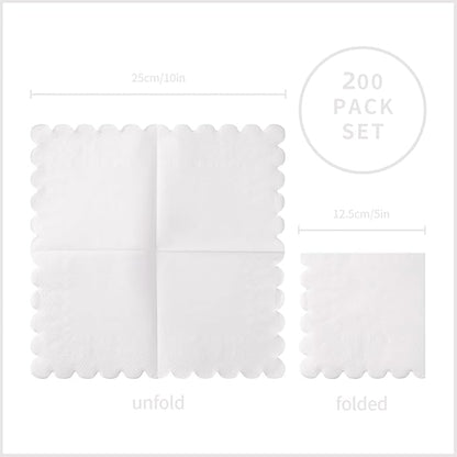 200 Pack Cocktail Napkin 2-Ply Scalloped Edged Dessert Napkins Folded 5 x 5 Inches Disposable Napkins for Dinner Wedding Birthday Party Bridal Anniversary Reception Event (White)