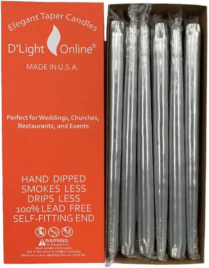 D'light Online Elegant 12" Unscented Metallic Silver Taper Candles, Premium Quality Hand-Dipped Tapered Candles, Dripless and Smokeless - Set of 12 (12 Inch, Metallic Silver)