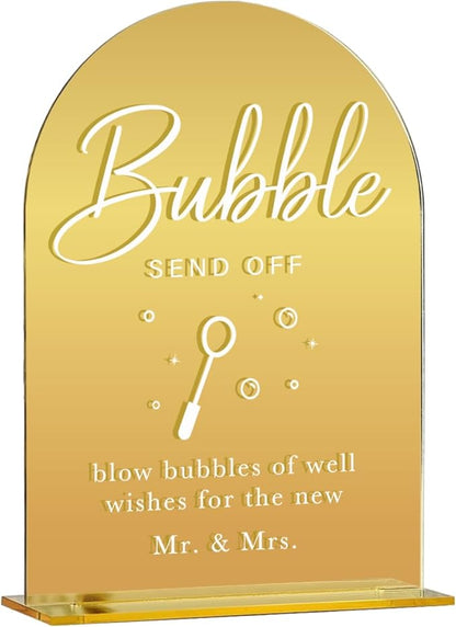Acrylic Wedding Sign, Bridal Shower Decorations, Bubble Send Off Sign for Ceremony, Modern Font Table Signs, Gold Mirror Arched Acrylic Tabletop Signs for Wedding Reception and Event Party
