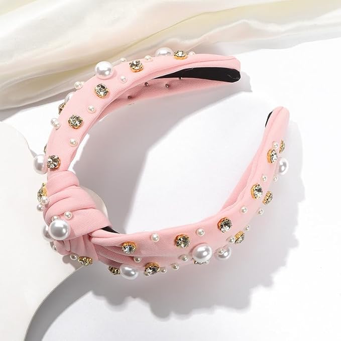 JILIYUPA Pearl Rhinestone Tweed Headband for Women, Sparkle Luxury Knotted Vintage Embellished Crystal, Pale blue, Pale Pink, 2 Count (Pack of 1)