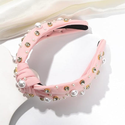 JILIYUPA Pearl Rhinestone Tweed Headband for Women, Sparkle Luxury Knotted Vintage Embellished Crystal, Pale blue, Pale Pink, 2 Count (Pack of 1)