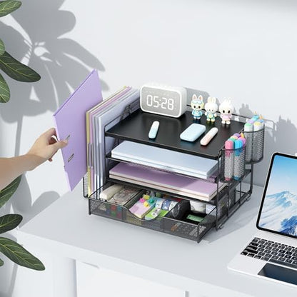 gianotter Wood Desk Organizers and Accessories with File Holder, 4-Tier Desk Accessories & Workspace Organizers with Drawer and 2 Pen Holder, Desk Reference Organizer (Black, 4T with Metal Drawer)