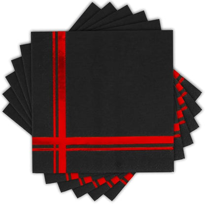Red on Black Cocktail Napkins - 100 Pack, 5" x 5", 3-Ply Paper - Style Name: Blissful Crossing