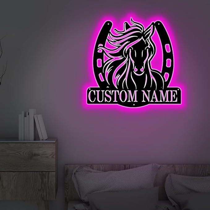 Personalized Name Horse Lamp Custom Wooden/Metal Horse Night Light Horse Wall Art LED Horse Light Farmhouse House Sign Horse Themed Gifts for Girl Birthday Christmas(Name Horse Sign)