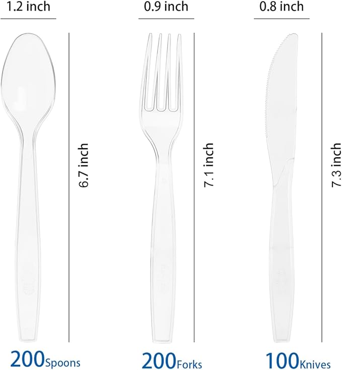 500 Count Extra Heavy Duty Plastic Silverware, 200 Forks, 200 Spoons, 100 Knives, Disposable Plastic Cutlery Set for Parties, Picnics, Big Event, Daily Use