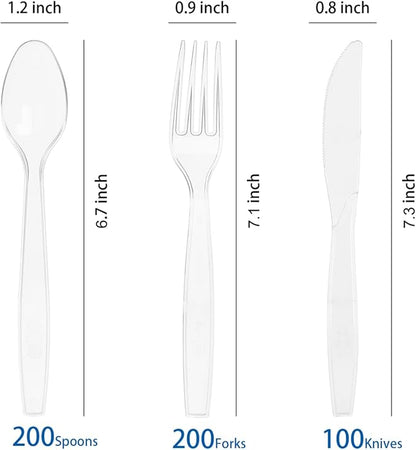 500 Count Extra Heavy Duty Plastic Silverware, 200 Forks, 200 Spoons, 100 Knives, Disposable Plastic Cutlery Set for Parties, Picnics, Big Event, Daily Use