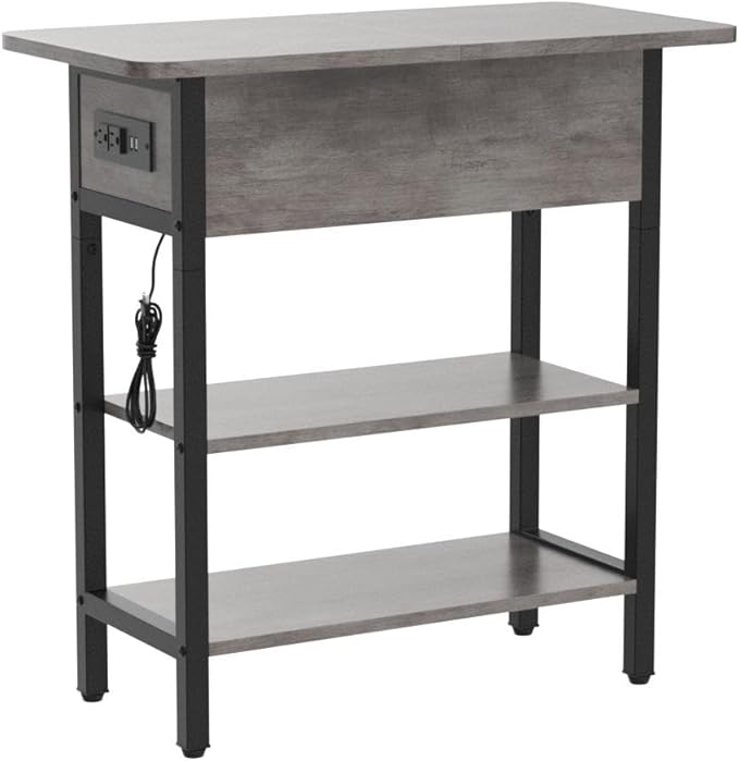 Yoobure End Table with Charging Station, Flip Top Side Table with USB Ports and Outlets, Sofa Couch Table Bedside Table for Living Room Bedroom, Narrow Nightstand with Shelves for Small Space Gray