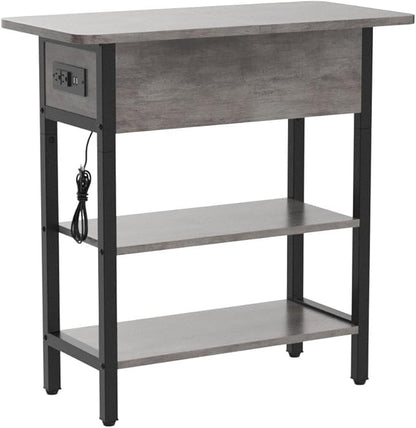 Yoobure End Table with Charging Station, Flip Top Side Table with USB Ports and Outlets, Sofa Couch Table Bedside Table for Living Room Bedroom, Narrow Nightstand with Shelves for Small Space Gray