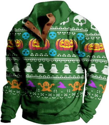 Mens Western Halloween Hoodie Button Up Henley Shirt Cowboys Sweatshirt Men Graphic Long Sleeve Pullover Tops