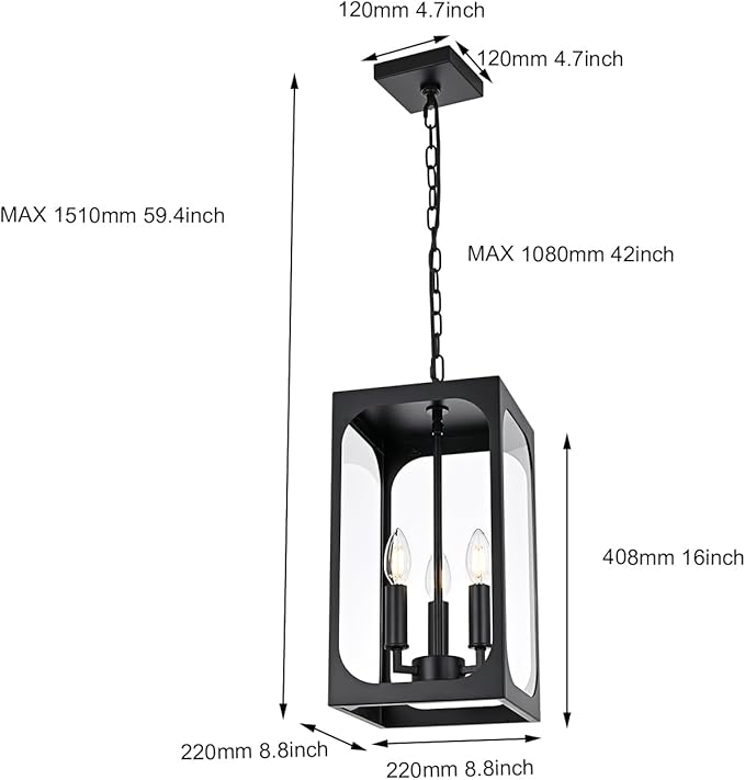 BONLICHT Outdoor Pendant Light 3 Light Modern Outside Chandelier Adjustable Black Exterior Ceiling Hanging Lantern with Clear Glass,Farmhouse Outdoor Pendant Lighting Fixture for Front Door Porch Yard