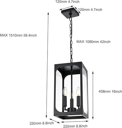 BONLICHT Outdoor Pendant Light 3 Light Modern Outside Chandelier Adjustable Black Exterior Ceiling Hanging Lantern with Clear Glass,Farmhouse Outdoor Pendant Lighting Fixture for Front Door Porch Yard