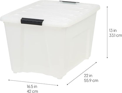 IRIS USA 54 QT Plastic Storage Box with Lid and Latches - 4 Pack - BPA-Free, Discreet Organizing Solution, Durable Nestable Stackable Containers, Secure Pull Handle - Pearl