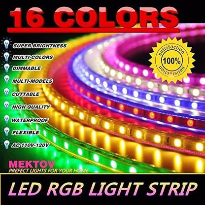 5050 RGB LED Strip Lights AC 110V Home Decoration Multi-Colors/Dimmable/Multi-Modes/Waterproof/Flexible LED Rope Light with Remote (98.4ft/30m)