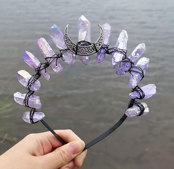 Raw Crystal Tiara Headbands, Purple Quartz Crown Goddess Bridal Photography Headwear for Women Girls