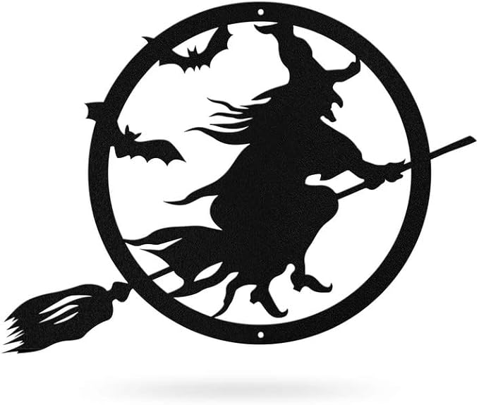 RealSteel Witch Halloween Decoration - Metal Broom Riding Décor - Scary Indoor Outdoor Wall Sign for Haunted Houses - Wicked Witch Flying Porch Art - Flying Bats Front Door Art (24, Orange)