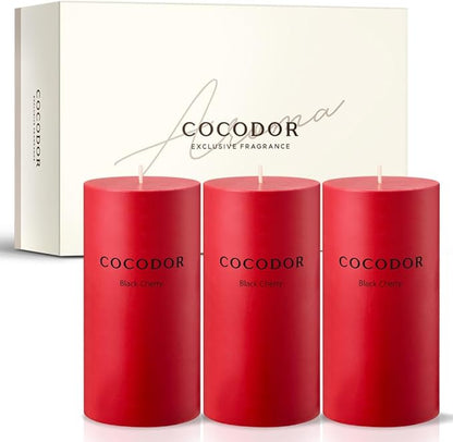 COCODOR Scented Pillar Candles, 3x6 Inch, Black Cherry, Candle Set of 3, Long Buring 85 Hours, Candles for Weddings, Party, Dinner, Home Decor.