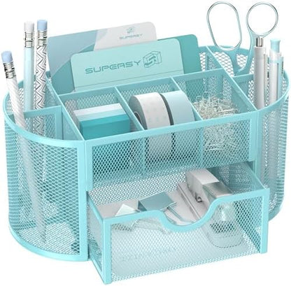 Mesh Desk Organizer with Drawer, 9-Compartment Pen Holder for Desk, Blue
