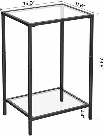Side Tables Set of 2, End Tables with Tempered Glass, 2-Tier Nightstands with Storage Shelves, Coffee Table with Modern Style, Slim Sofa Table for Living Room, Bedroom, 11.8" D x 15" W, Black