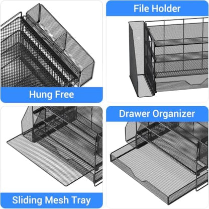 OPNICE Desk Organizers and Accessories, 4-Tier Desktop File Organizer with Drawer and Pen Holders, Office Desk Accessories Workspace Organizers for Office Supplies (Soft Black)