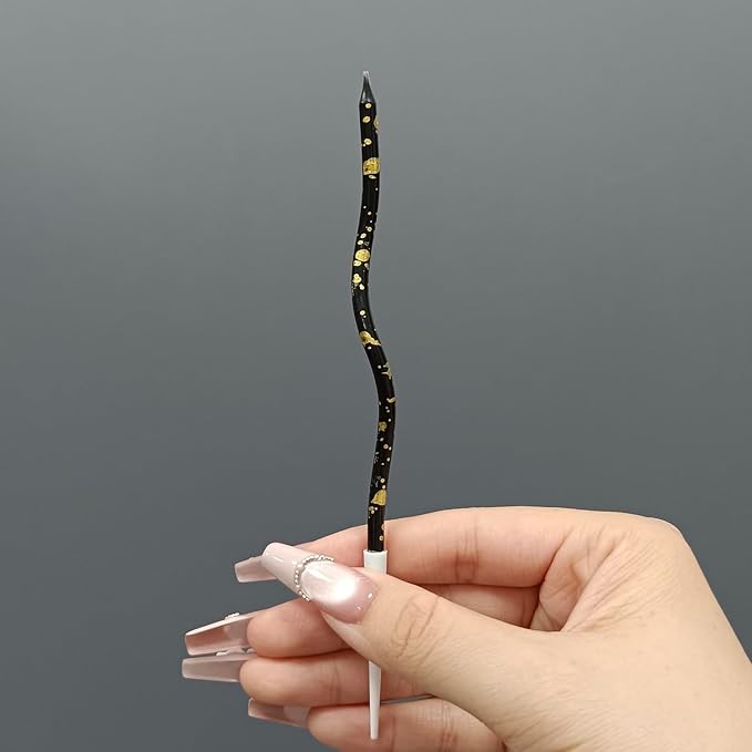 Spiral Long Thin Birthday Candles for Cake – Metallic Cake Decorations, Happy Birthday Candles with Holders, Long Lasting & Safe (24, Black+Gold Spots)