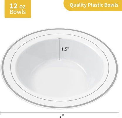 Goodluck 100 Pack Plastic Bowls with Silver Rim, 12oz Disposable Soup Bowls, Heavy Duty Dessert Bowls for Weddings, Parties, Dinners, Catering, and Everyday Use