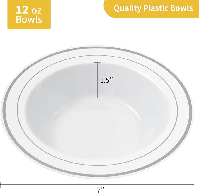 Goodluck 25 Pack Plastic Bowls with Silver Rim, 12oz Disposable Soup Bowls for Weddings, Parties, Dinners, Catering, and Everyday Use