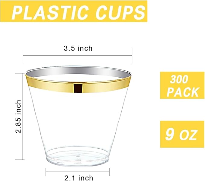 Ciaell 300PCS Gold Plastic Cups - 9Oz Heavy Duty Plastic Cups - Gold Rimmed Disposable Cup - Disposable Clear Wine Cup with Gold Rim for Party & Wedding & Thanksgiving