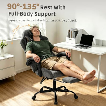 Fabric Gaming Chair for Adults, Ergonomic Computer Office Desk Chair with Footrest,Pocket Spring Cushion, Reclining High Back Silla Gamer for Home Office, Grey