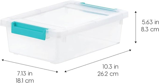 IRIS USA 2 Qt. Craft Storage Bins with Lids, 6-Pack, |Made in USA|, Clip Box, Small Plastic Sensory Bin Tote Organizer Containers for Art Supplies, Paper, & Office, Stackable - Clear/Seafoam Blue