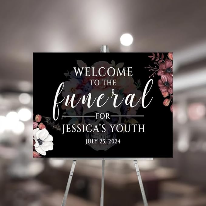 Funeral For My Youth 30th Birthday Party Welcome Sign, Personalized R.I.P Twenties Farewell to Youth Custom Decor, Vintage Gothic Floral Skull.