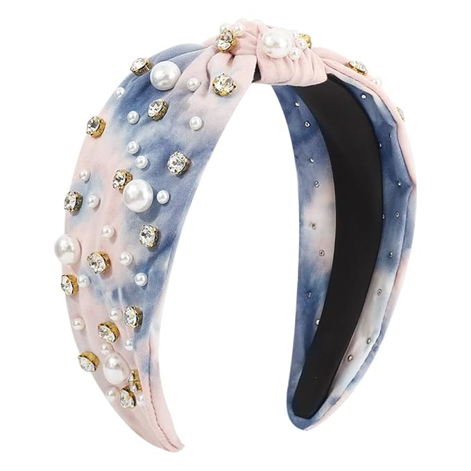JILIYUPA Pearl Rhinestone Tweed Headband, White blue, Sparkle Luxury Knotted Vintage Embellished Crystal Rhinestone Hairband for Women and Girls