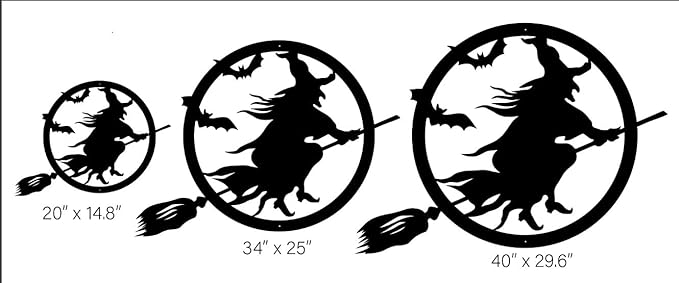 RealSteel Witch Halloween Decoration - Metal Broom Riding Décor - Scary Indoor Outdoor Wall Sign for Haunted Houses - Wicked Witch Flying Porch Art - Flying Bats Front Door Art (24, Black)