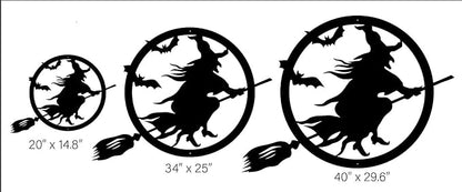 RealSteel Witch Halloween Decoration - Metal Broom Riding Décor - Scary Indoor Outdoor Wall Sign for Haunted Houses - Wicked Witch Flying Porch Art - Flying Bats Front Door Art (12, Orange)
