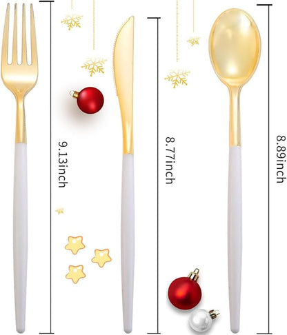 I00000 144Pcs Gold Plastic Silverware, Gold Plastic Utensils Set,Disposable Utensils Heavy Duty,Disposable Silverware Set Includes 48 Forks,48 Knives,48 Spoons for Party & Thanksgiving