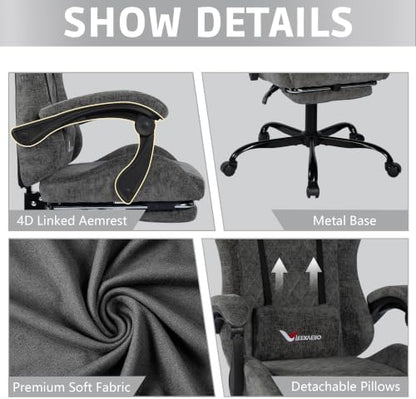 Fabric Gaming Chair for Adults, Ergonomic Computer Office Desk Chair with Footrest,Pocket Spring Cushion, Reclining High Back Silla Gamer for Home Office, Grey