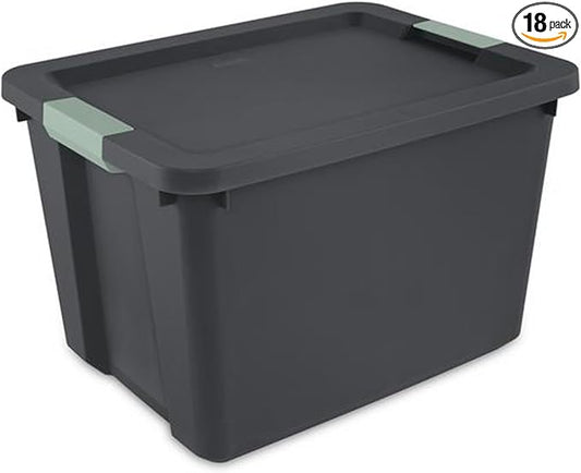 Sterilite 18 Pack 20 Gallon Latch Tote, Stackable Plastic Storage Bin Container, Gray/Green