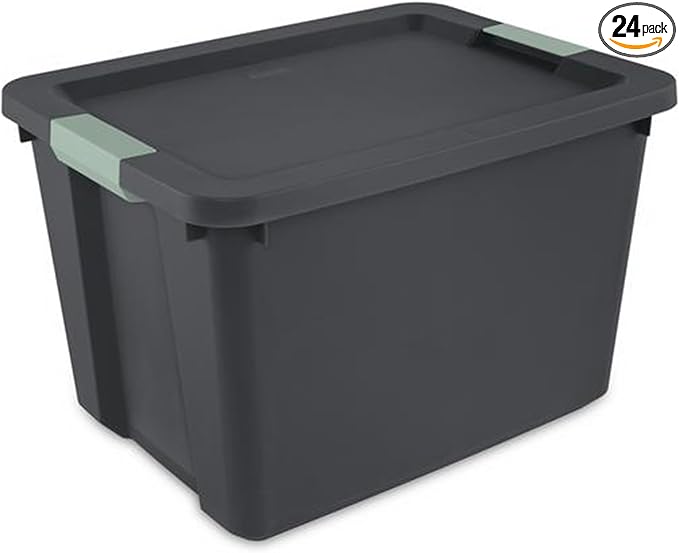 Sterilite 24 Pack 20 Gallon Latch Tote, Stackable Plastic Storage Bin Container, Gray/Green