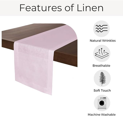 D'Moksha Homes Linen Pastel Pink Table Runner 108 Inches Long - 100% Pure Linen 14 x 108 Inch Table Runner for Winter, Christmas, Holiday - Classic Hemstitch