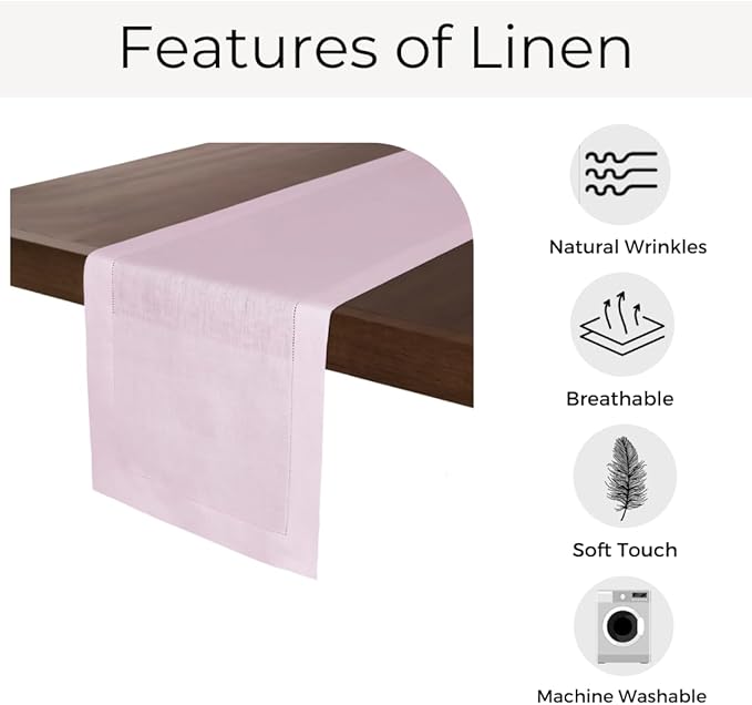 D'Moksha Homes Linen Pastel Pink Table Runner 48 Inches - Classic Hemstitch, 100% Pure Linen Coffee Table Runner 14 x 48 Inch Ideal for Dresser Tables - Winter, Christmas, Holiday